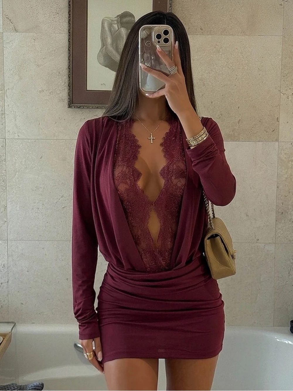 Aloruh Women's Autumn New Purple-Red Elegant Cute Casual Street Romantic Dress